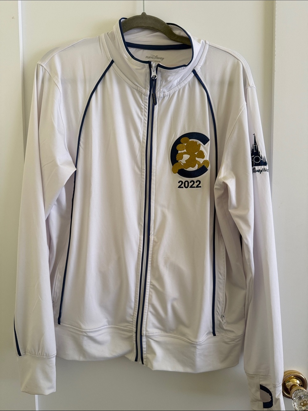 RunDisney White Lightweight Zip Club Jacket with Navy Piping — 2022 Logo Unisex